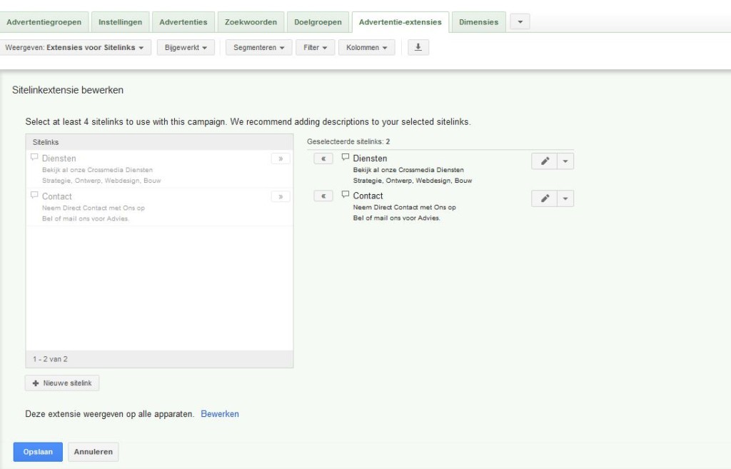 advertentie extensies instellen in Google Adwords